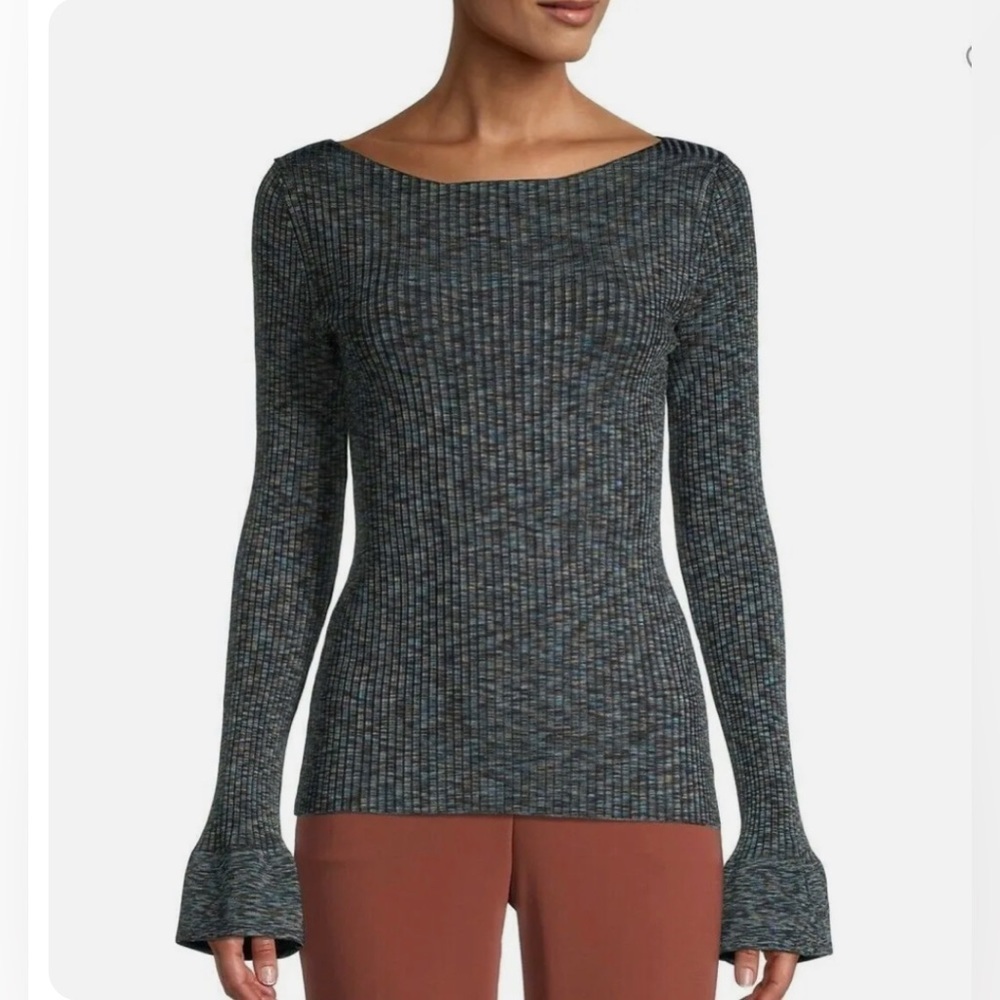 Theory Cabled Print Rib Boat Neck Top Multicolor